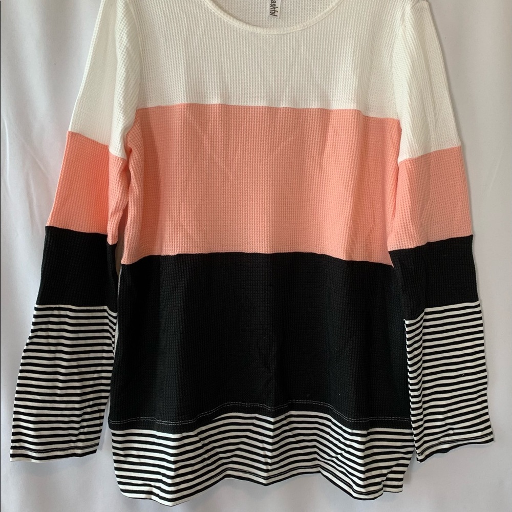Pink color block long sleeve blouse